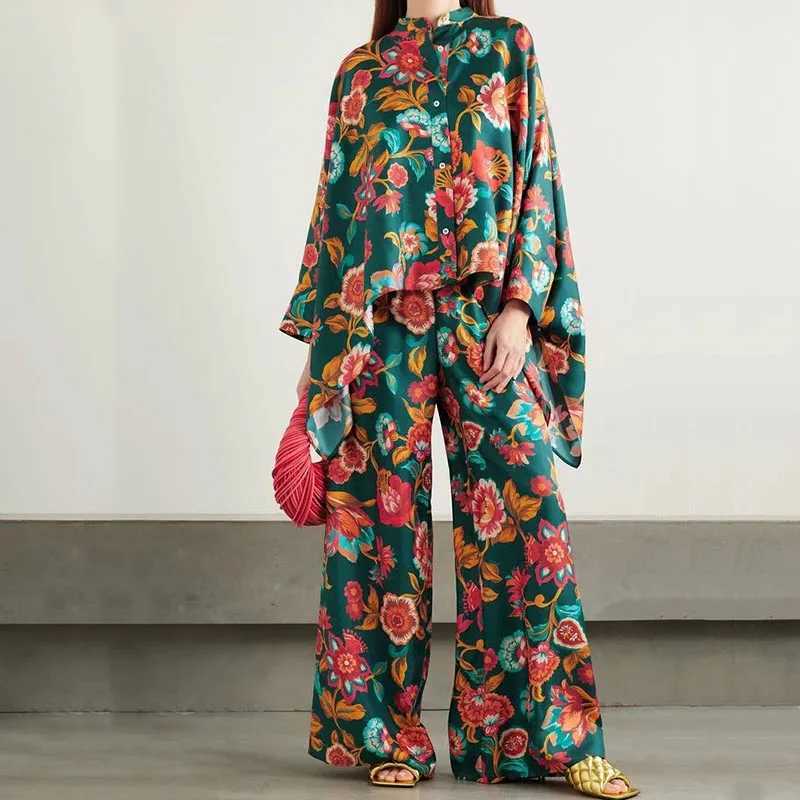 Women's Two Piece Pants Fashion O-neck Button Long Slve Shirts Long Pant Outfits Women Elegant Pattern Print Loose Suits Casual Wide Legger 2Pc S