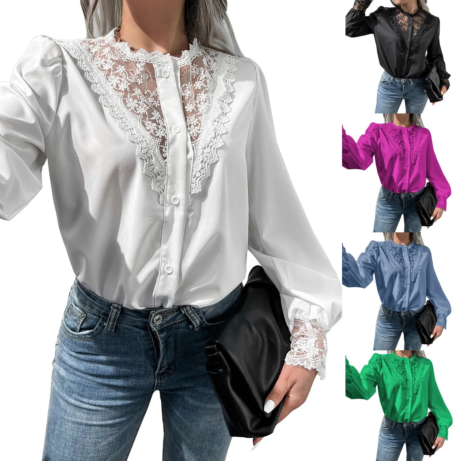Spliced Lace Seethrough Neck Top Lantern Sleeves Long Sleeved Black OL Trend Casual Shirt And Blouse Women Clothes Elegant 250312