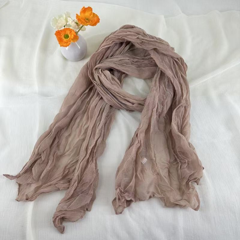 T295 breathable, comfortable and versatile solid color cotton and linen scarf wrinkled long retro scarf female warm neck scarf sunscreen female