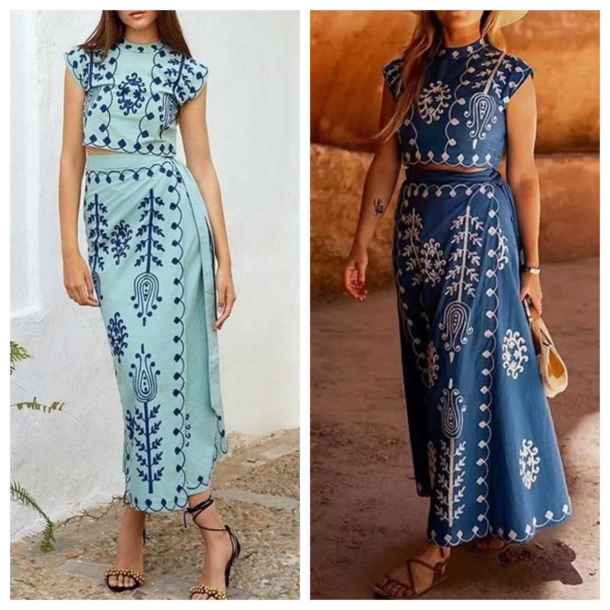 Two Piece Dress Spring And Summer New Fashion Printed Slim Fit Round Neck Slvel Dr For Women Y250315AR1T