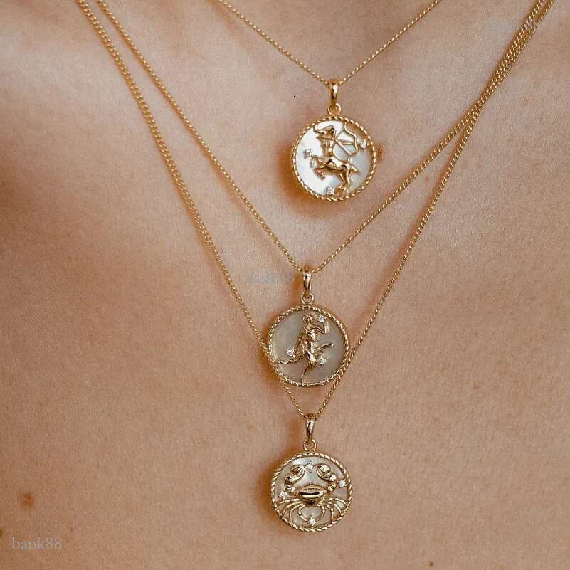 18k Gold Zodiac Sign Necklace Gold Chain Designer Jewelry Cubic Zircon Waterproof Stainless Steel Horoscope Sign Coin Charm Necklaces for Woman Gift F