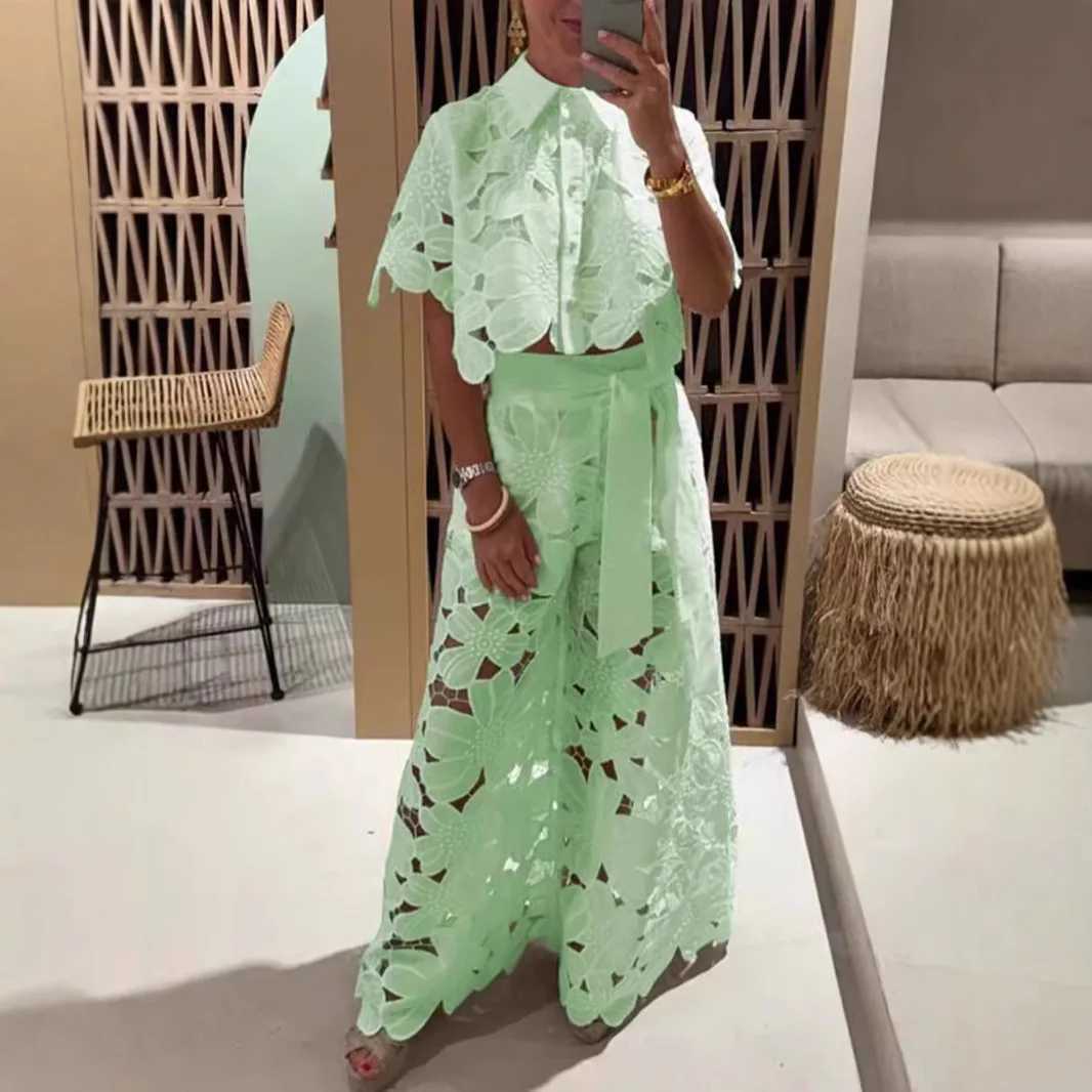 Women's Two Piece Pants Sexy lace hollow 2-piece fashionable new shirt top+wide leg pants womens set fashionable solid color elegant casual set w