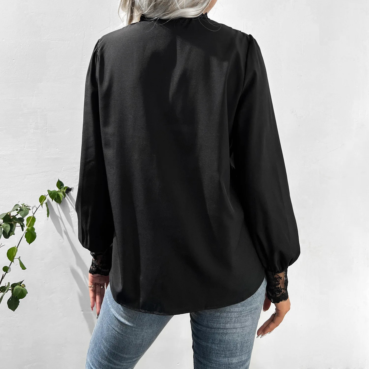 Spliced Lace Seethrough Neck Top Lantern Sleeves Long Sleeved Black OL Trend Casual Shirt And Blouse Women Clothes Elegant 250312