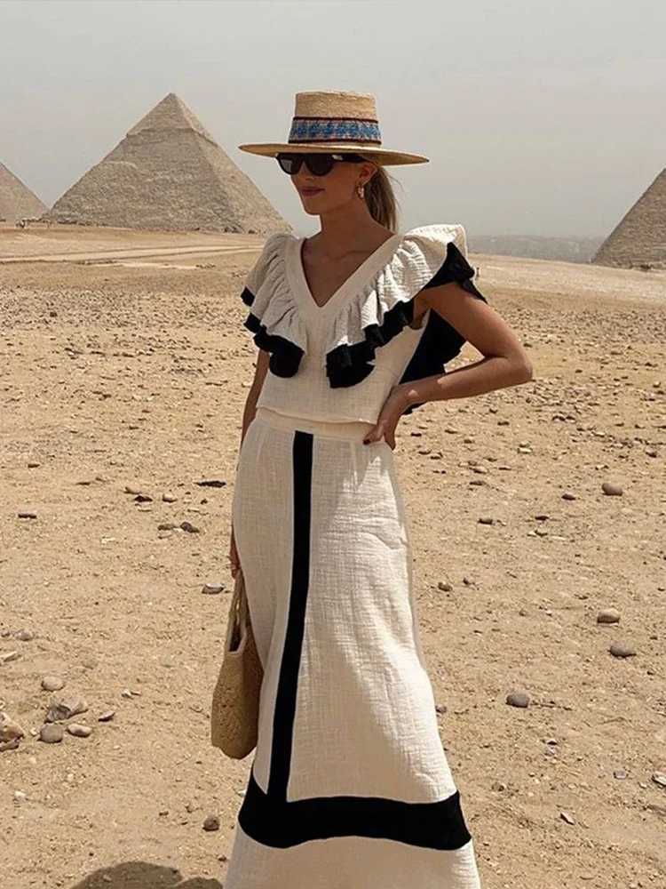 Two Piece Dress Fashion Patchwork Long Skirt Sets For Women Summer Elegant V-neck Fly Slve Cropped Tops High Waist A-line Skirts 2 Pieces Sets Y250315