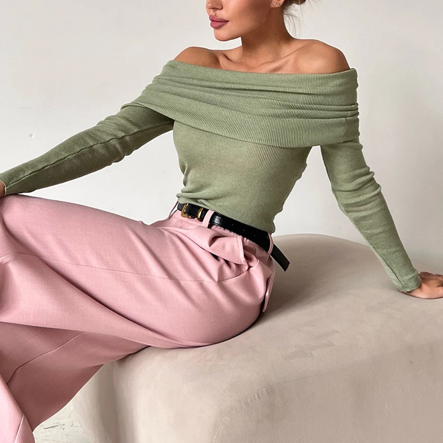 2025 Arrival Women Spring Sexy Off The Shoulder T Shirts Pullovers Stretch Women Long Sleeve Slim Tops Pull Femme 250314