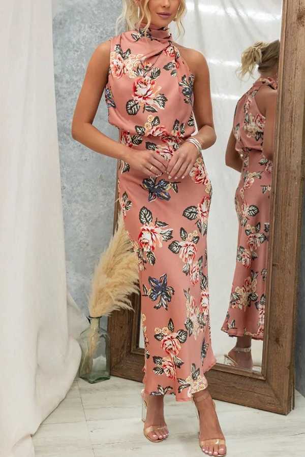 Two Piece Dress Satin print womens long dress Slvel Halter collar A-line party Dr fashion elegant night party club Vestidos Y250315CYML