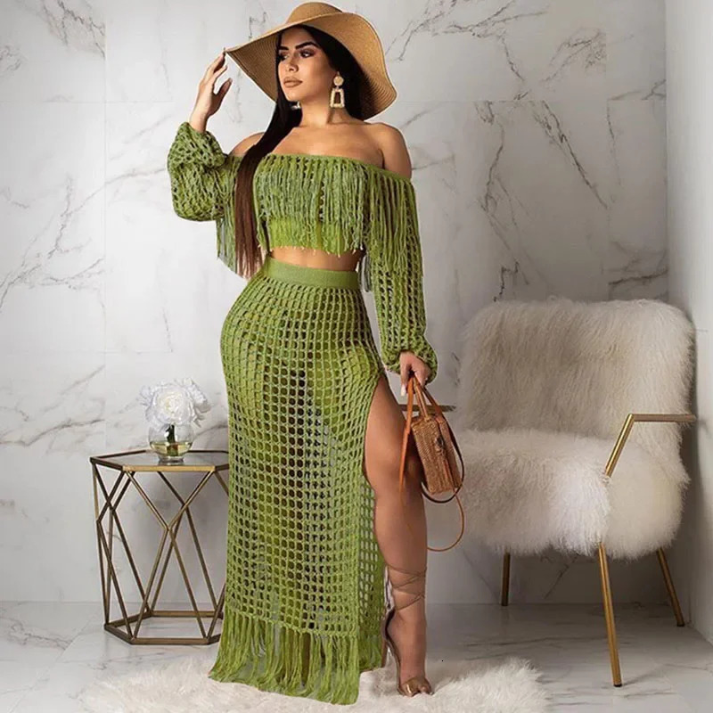 Sexy Fringed Tassel Summer Sets Outfits Women Beachwear Holiday Knit Crochet Hollow Out See Through Party Maxi Dress Vacation 250314