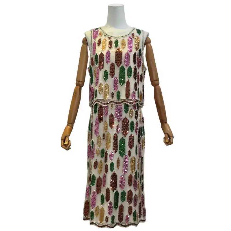 Two Piece Dress Fashion Summer Beach Holiday Handmade Beaded Sequins Vest Camisole Top Female Elastic Waist Skirt Womens Two Piece Sets Y250315ID5Y