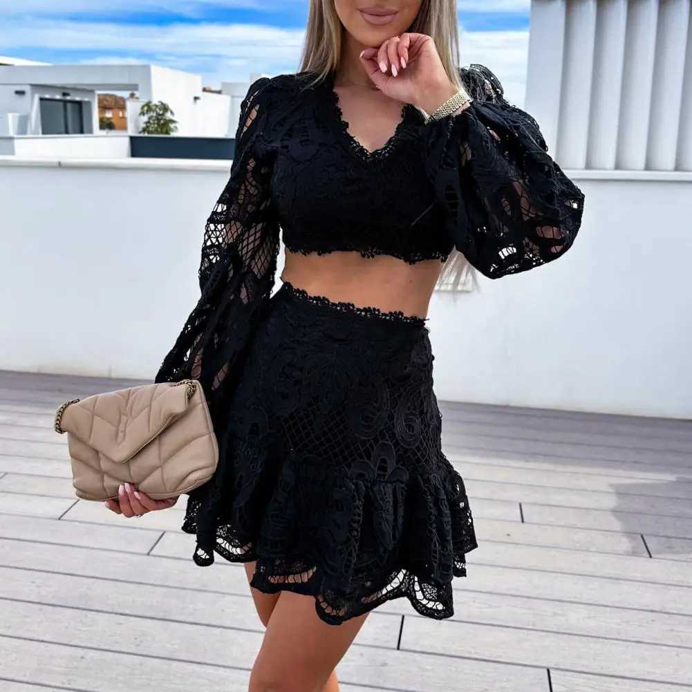 Two Piece Dress Lantern Slves lace crop top 2-piece set sexy ultra-thin summer high waisted dress S-through pleated mini shirt bra top 90 Y250315RJ1B