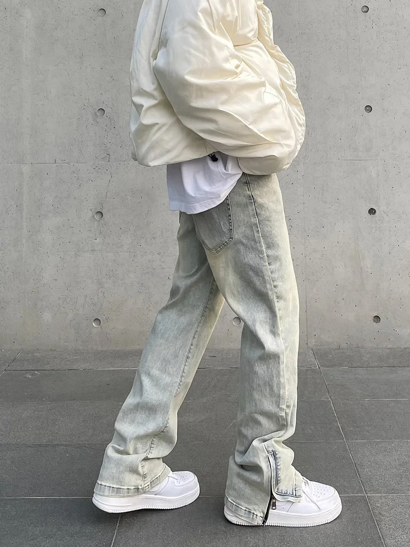Vintage Wash Distressed Mens Jeans Straight Leg Side Slit Zippered Baggy Pants American Style High Street Casual Wear 250314