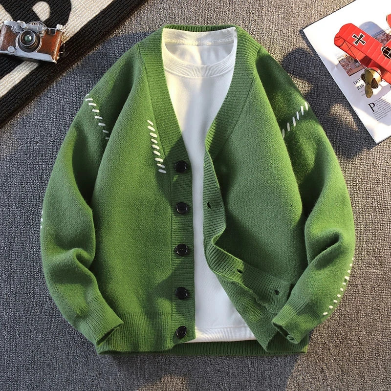 Vneck Knit Sweater Coat Men Loose Retro Slouchy Jackets Thick Autumn Winter Hipster Couple Cardigan Long Sleeve 250311