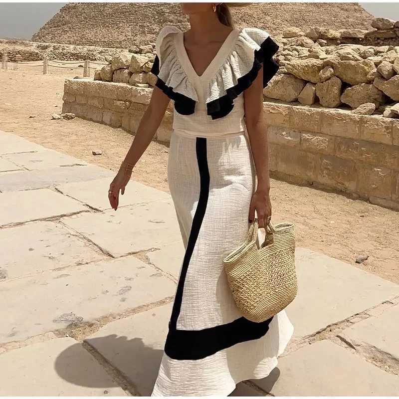 Two Piece Dress Elegant Contrasting High Waist Midi Skirt Suit Women Patchwork V Neck Backl Ruffles Crop Top 2 Pieces Set Summer Lady Outfits Y250315W