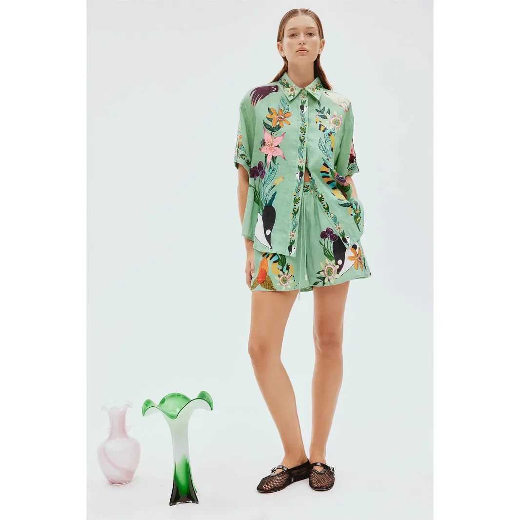 Two Piece Dress Fashion hemp rope pull flower Macaroon lapel shorts set 2025 new independent station Europe US cross-border Y250315E28X