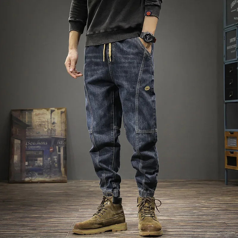 AutumnWinter Trendy Jeans Mens American Style Vintage Loose Fit Elastic Waist Casual Pants Versatile Harem Trousers 250312
