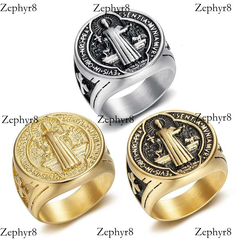 2025 New model Titanium Steel Catholic Patron Saint St Benedict of Nursia Holy Medal Cross Round Finger Rings for Men Punk Jewelry