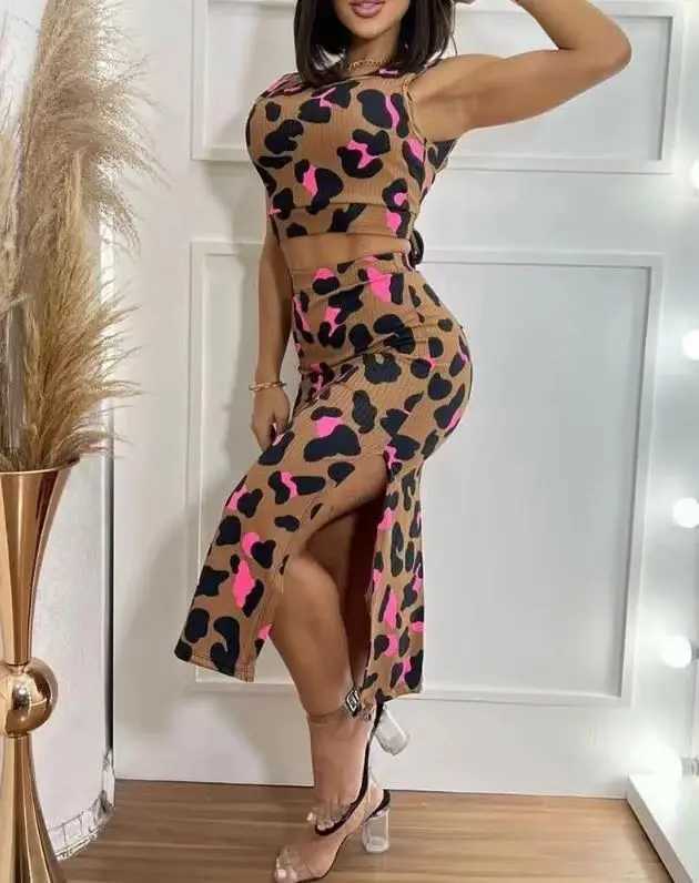 Two Piece Dress 2 Piece Set Women Outfit Summer Fashion Leopard Print Tied Detail Round Neck Slvel Backl Top High Waist Slit Skirt Set Y2503151NHO