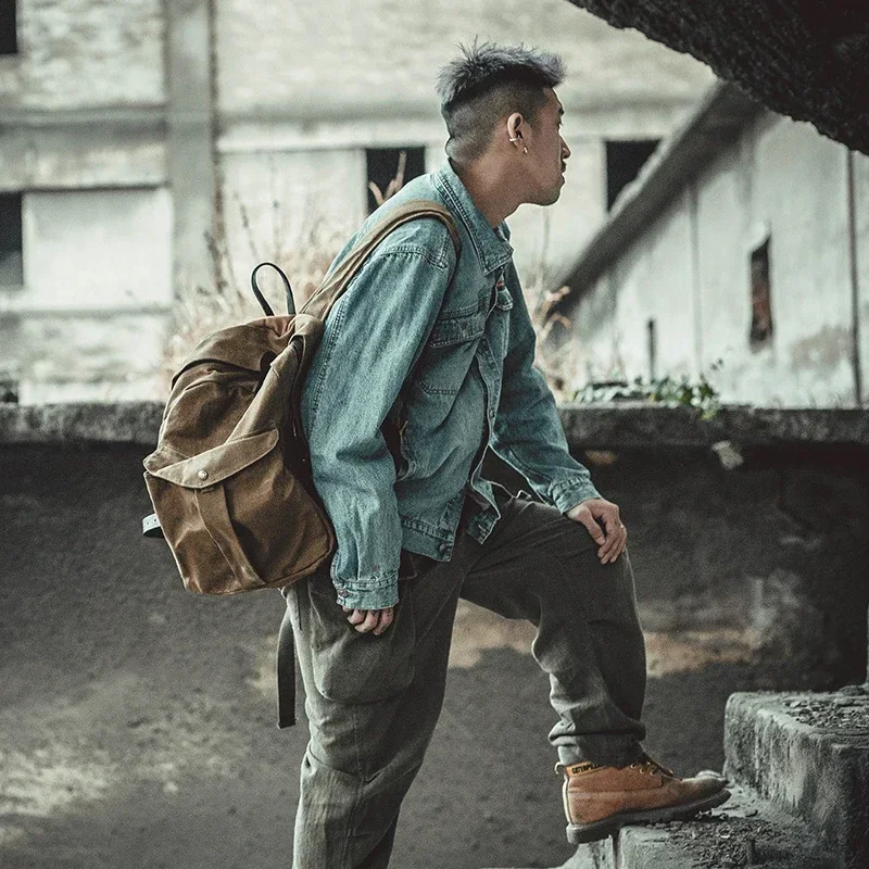 American retro waterproof wax canvas Knapsack mens computer travel school bag outdoor hiking bag hiking backpack 250313