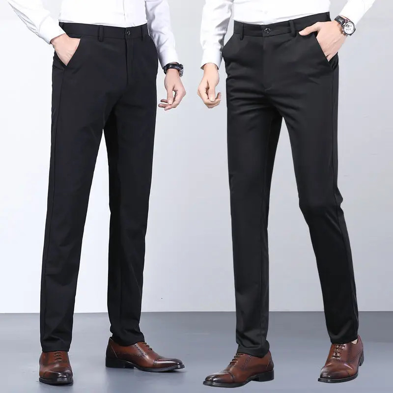 Mens Summer Casual Set Pants Elastic Non Ironed Mens Black Thin Pants Slim Straight Business Set 250314