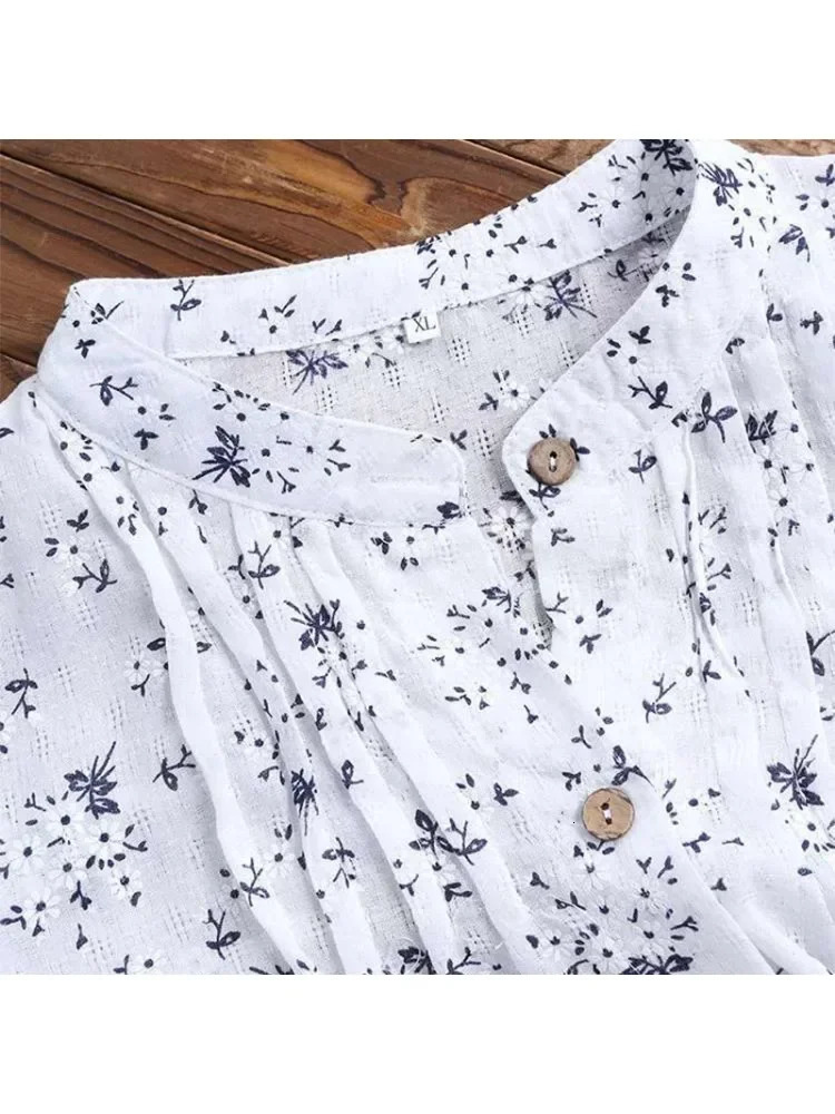 Womens Plussize Shirt White Long Flower Decorated Lapel Button Up Top for Travel Wear 250312