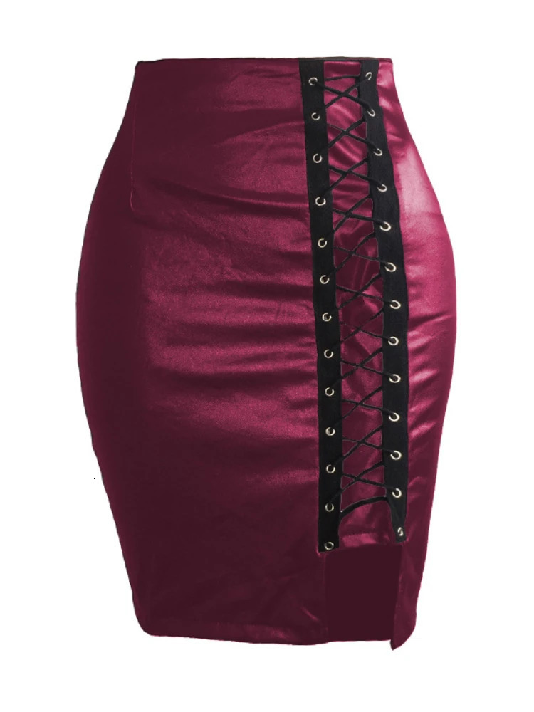 Sexy PU Leather Cross Bandage Split Mini Skirt Women Highwaist Slim Skirts Office Lady Bodycon Club Party 250312