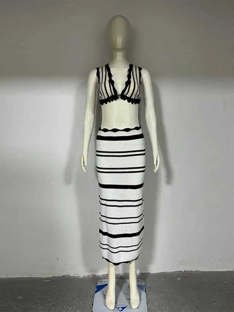 Two Piece Dress Summer Knitted Beach Skiing Set Womens Sexy Back Ultra Thin Bohemian Dress Fashion Striped Holiday Two Piece Set Womens Beach Wear Y25