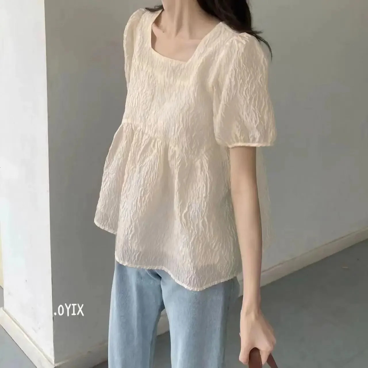 Womens XIYO Square Collarpuff Sleeve Short Top French Shape Doll Shirt Summer Meat Cover 250312