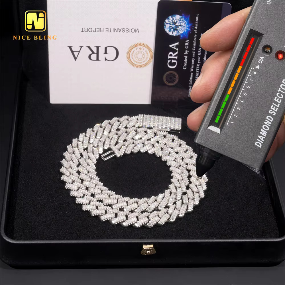 High Quality Luxury Bling Baguette Diamond Iced Out Cuban Link 12mm 925 Sterling Silver Moissanite Cuban Link Chain
