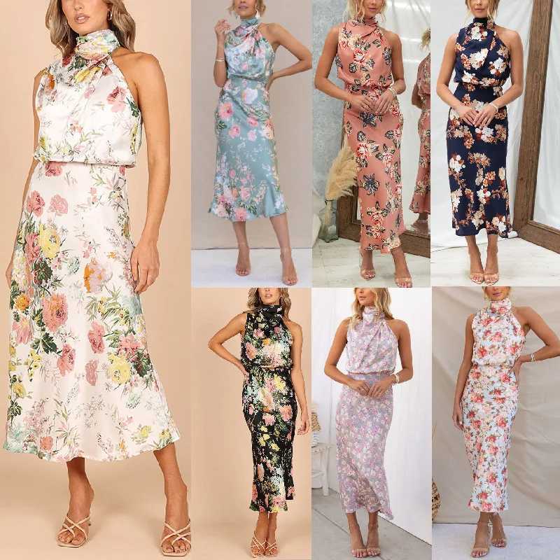 Two Piece Dress Satin print womens long dress Slvel Halter collar A-line party Dr fashion elegant night party club Vestidos Y250315CYML