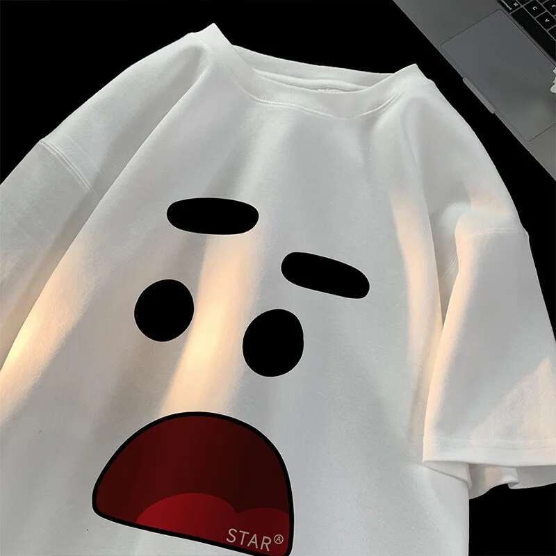 2025 new retro fun micro expression printed designer fashionable oversized T-shirt men's high street cartoon couple short sleeved round neck top5