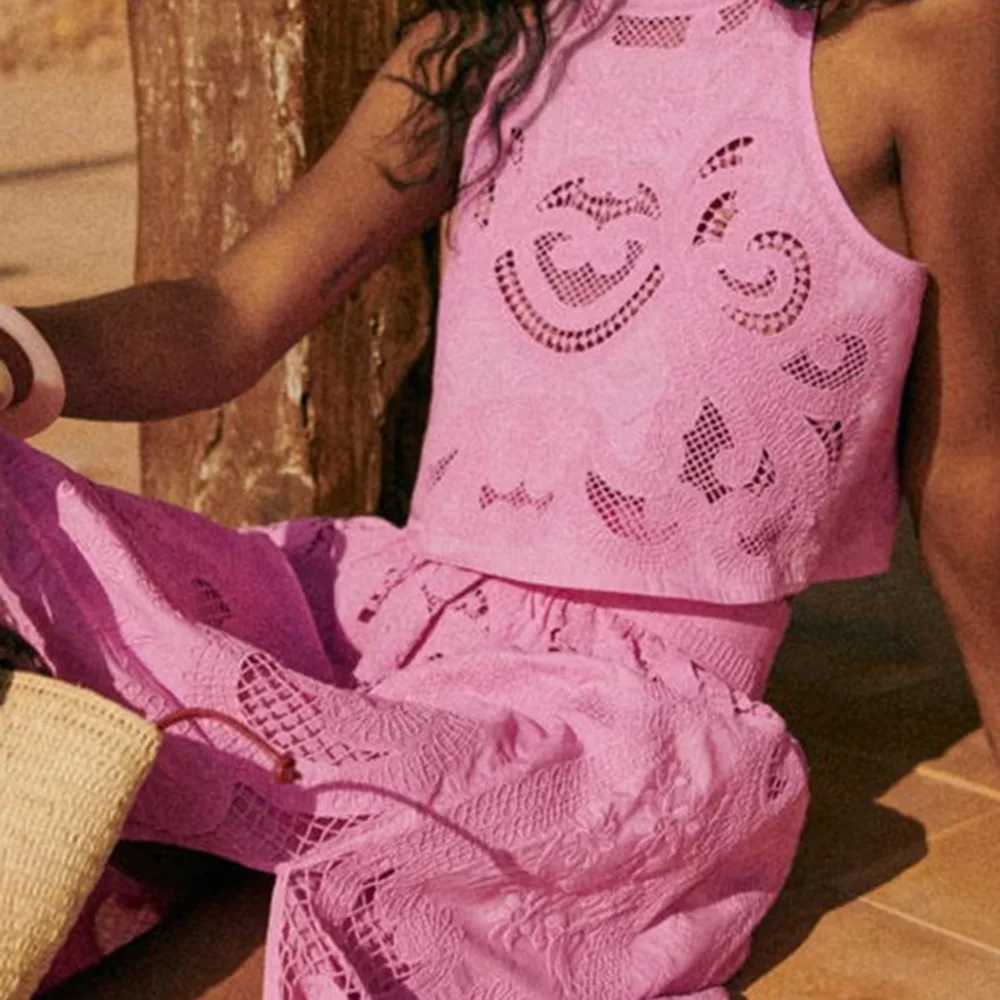 Two Piece Dress TWOTWINSTYLE Patchwork Embroidery Two Piece Sets For Women Round Neck Slvel Top High Waist Split Skirt Solid Set Female New Y2503158KP