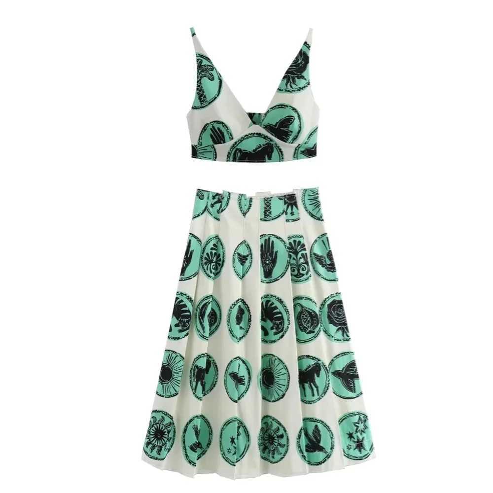 Two Piece Dress 2025 Summer New Product Womens Fashion Slim Fit V-neck Printed Short Suspended Top Printed Half Skirt Set Y250315J13N