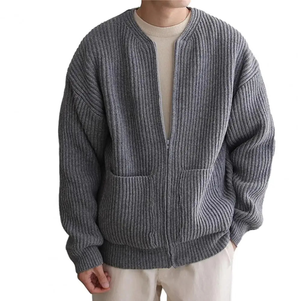 Men Zipper Pocket Cardigan Coat Sweater Mens Collarless Knitted with Placket Pockets for Autumn 250311