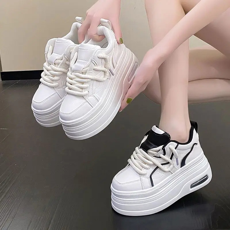 Fashion Platform Sneakers Women Spring Autumn Comfort Round Toe Lace-up 8CM Thick Bottom Black White Casual Sport Shoes 250310
