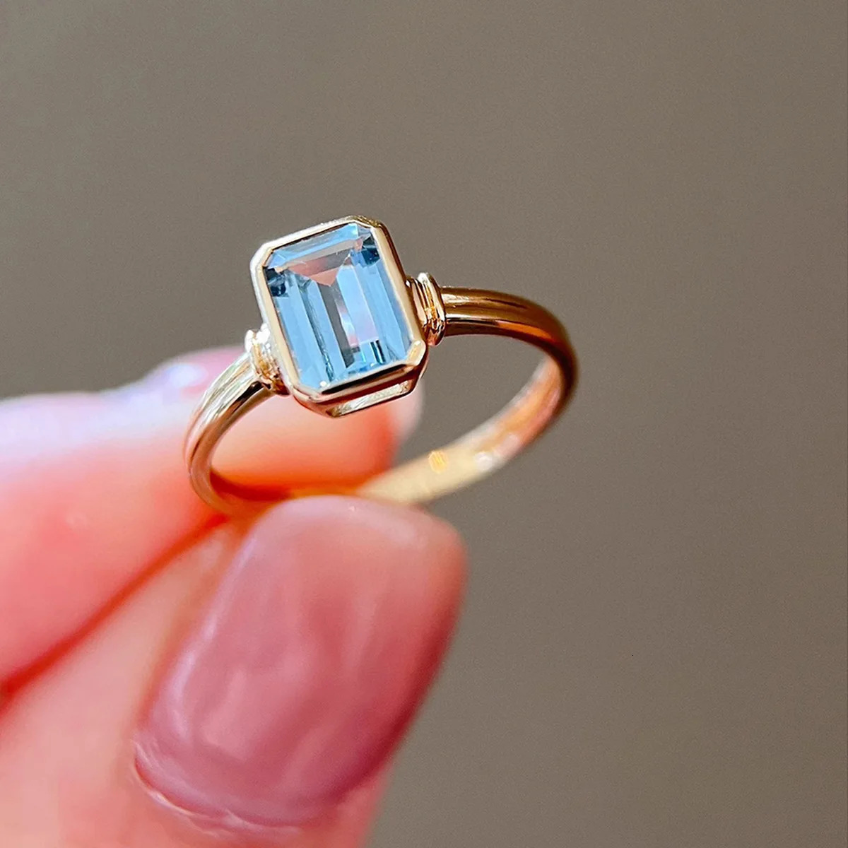 Refined S925 Sterling Silver Gold Plated Casual Aquamarine Ring For Women Rectangular Material Easiest For Match 250314
