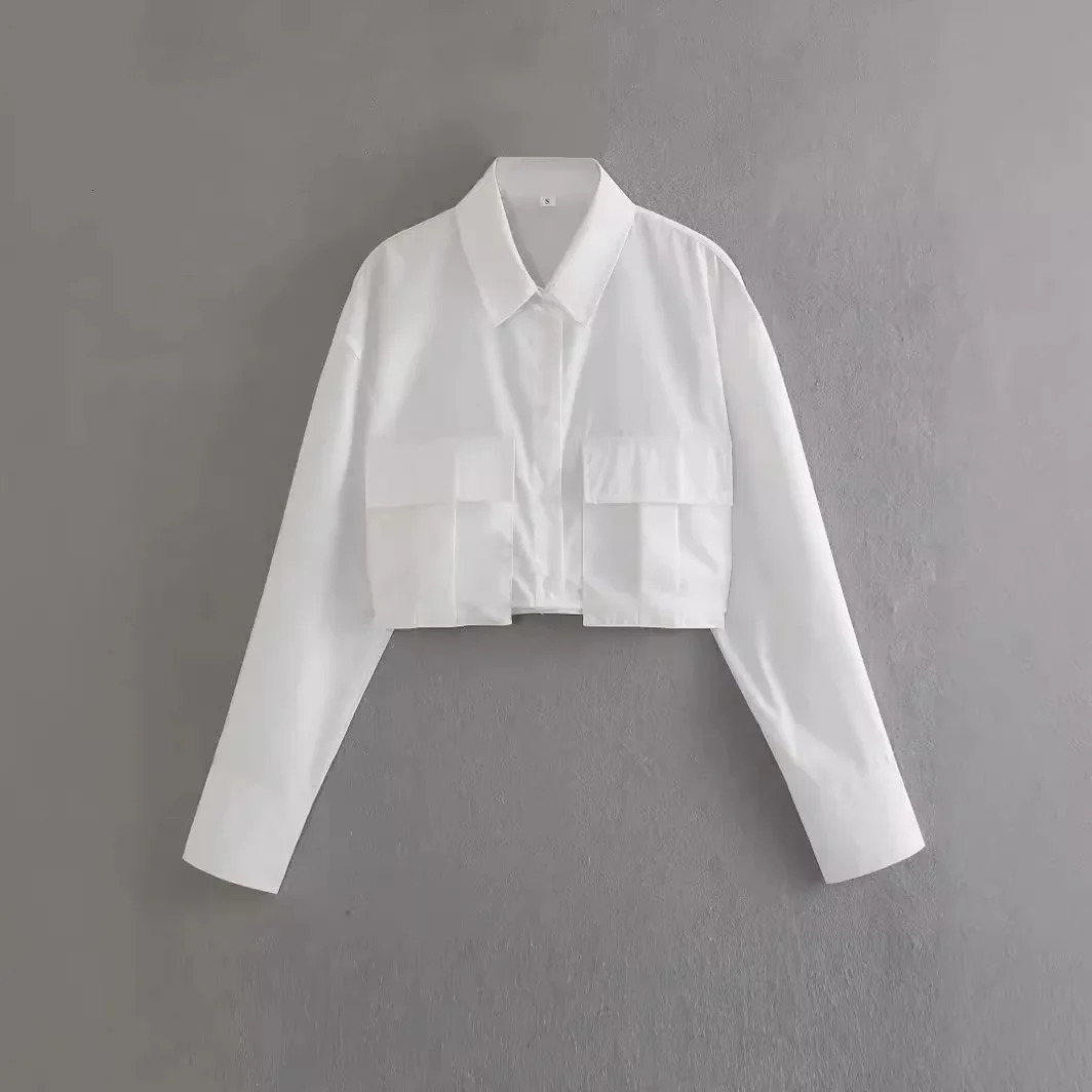 ZAWomens Summer Arrival FourColor Pocket Decorated Cropped Long Sleeve Shirt Trendy Knitted Fabric CrossBorder Trade 250312