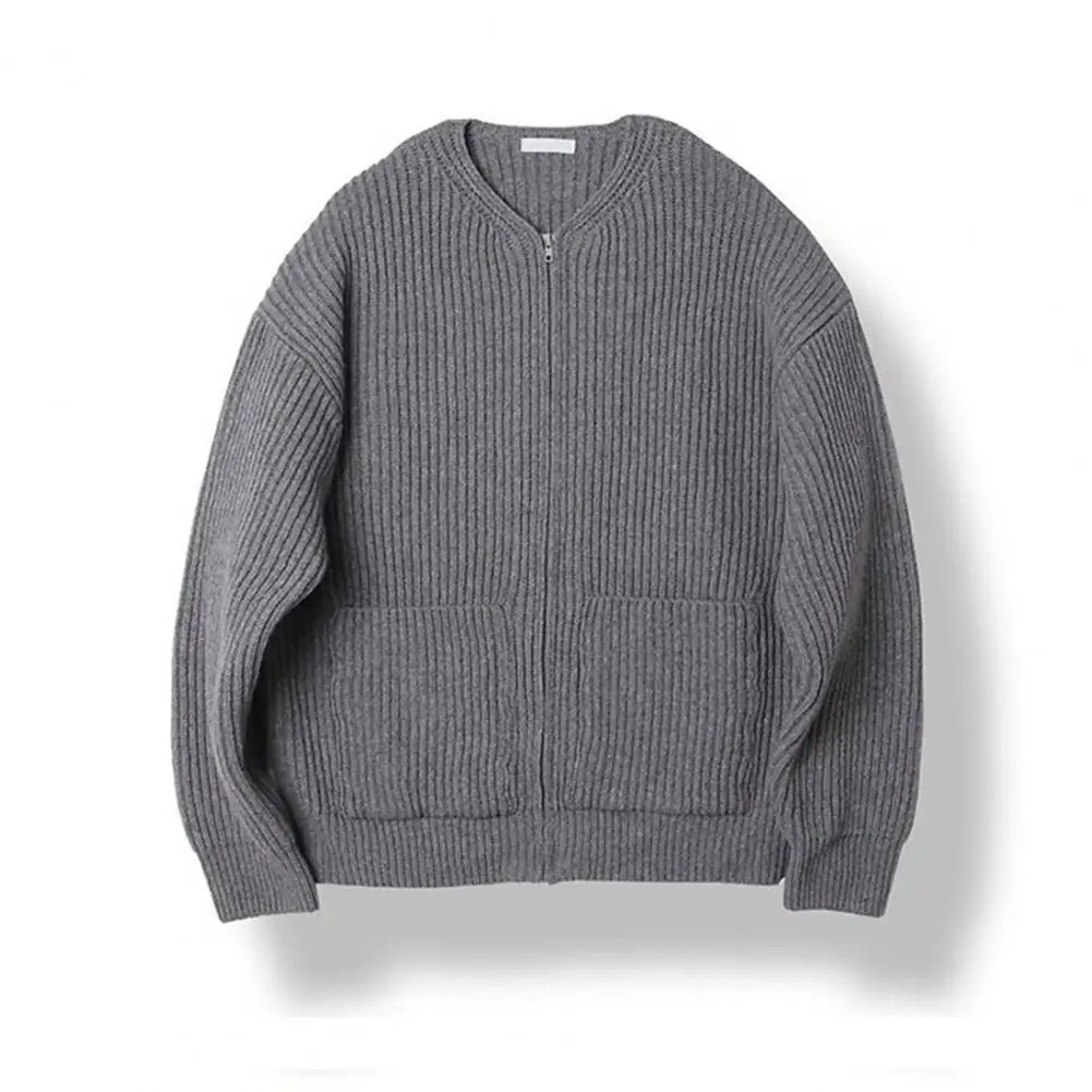 Men Zipper Pocket Cardigan Coat Sweater Mens Collarless Knitted with Placket Pockets for Autumn 250311