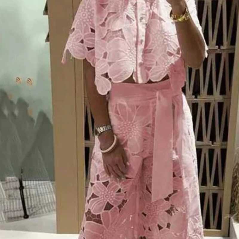 Women's Two Piece Pants Sexy womens lace embroidery hook flower hollow 2-piece summer warm solid color custom collar top+wide leg pants set Y2503