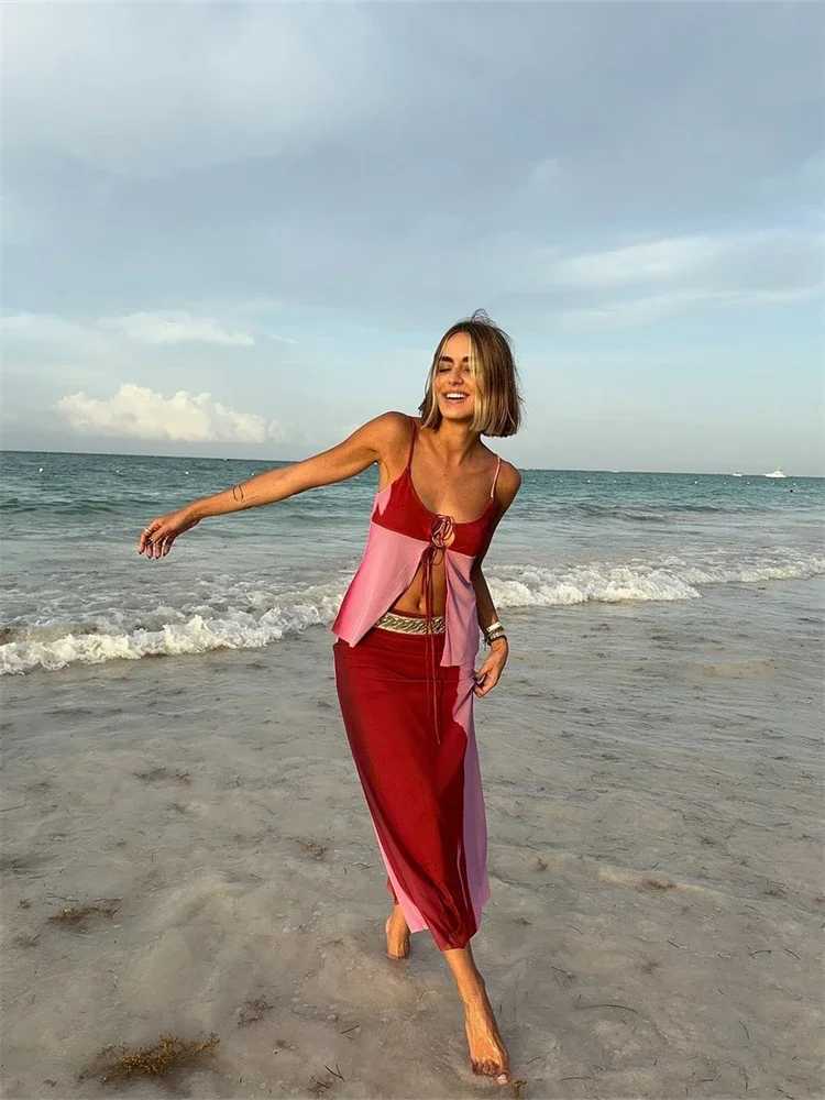 Two Piece Dress Printed Sexy Sling Vest Skirts Set Women Loose Lace Up Hollow Out Tops High Waist Long Skirt 2025 Summer New Female Beach Outfit Y2503