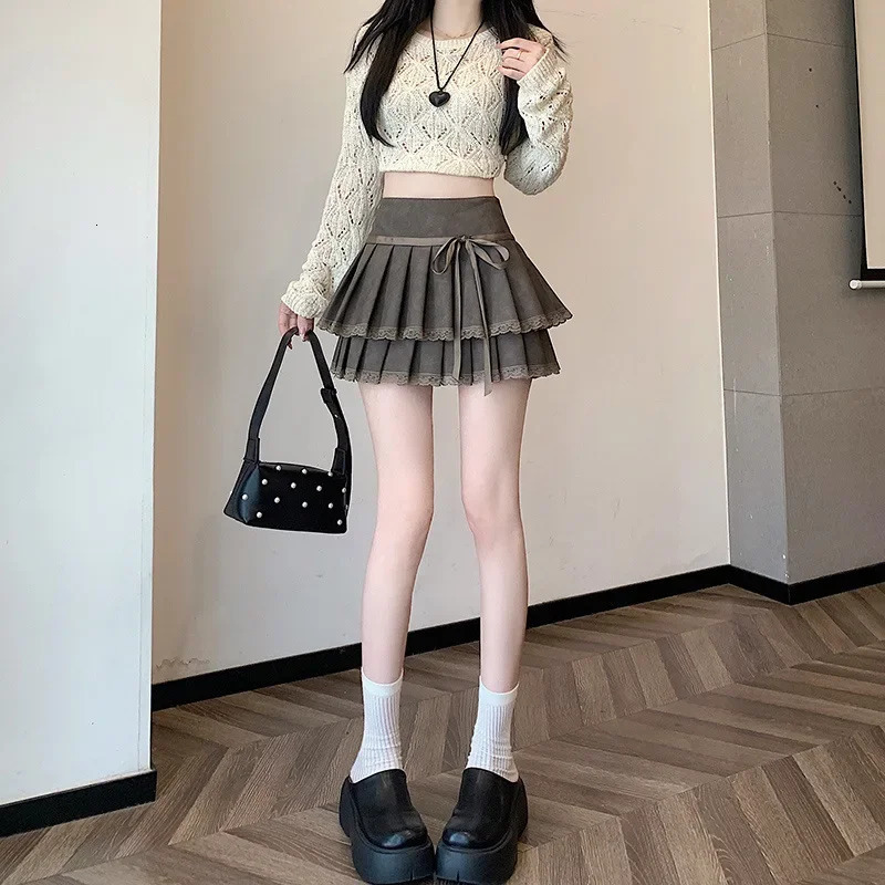 Bow mini dress 2024 womens high waist weight loss Aline leather texture autumn and winter seasonal clothing 250312