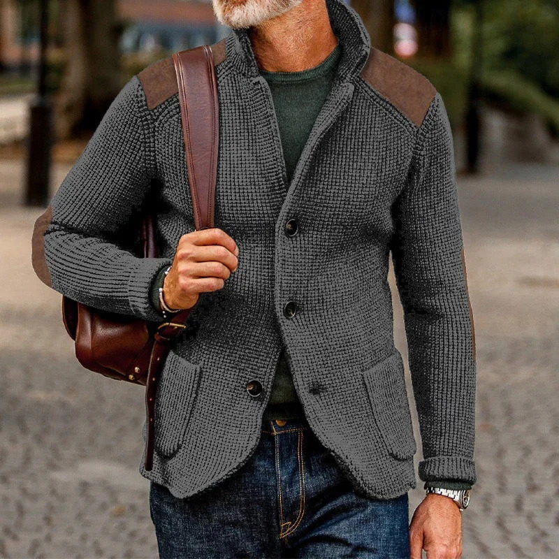 Vintage Patchwork Stand Collar Knitted Jackets Men Spring Casual Button Sweater Cardigan Mens Fashion Slim Knitting 250311