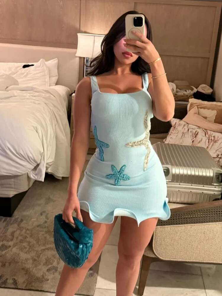 2025 new chic blue designer fashionable spark star print ruffled mini women's elegant sleeveless backless pleated skirt knitted ball dress beach 