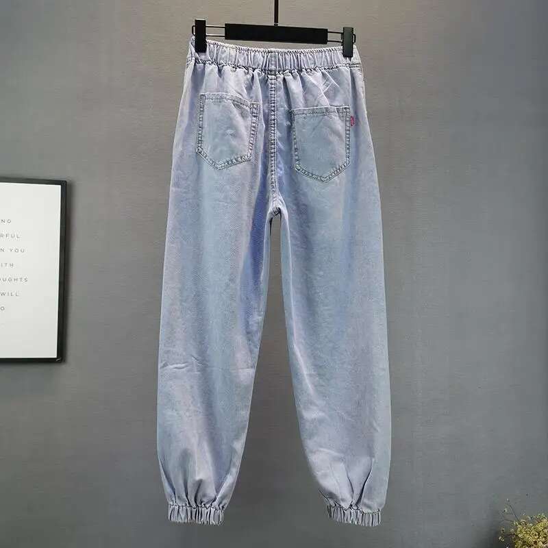 2025 new beaded denim designer fashion harem women's spring and summer pearl decoration elastic waist loose jeans fashion trend full pants4