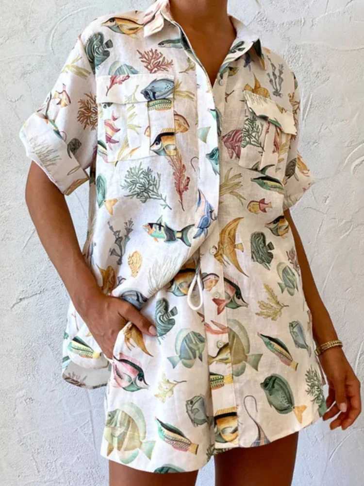 Women's Two Piece Pants 2025 Summer Casual Short Sleve Printed Button Collar Shirt High Waist Short Set Elegant Womens 2-piece Set Y250315KQP5