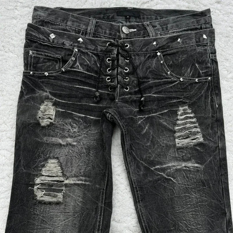 Y2K Washed Jeans Gothic Vintage Micro Flared Double Waisted Black Denim Pants Mens Street Clothing High Quality n Trousers 250312
