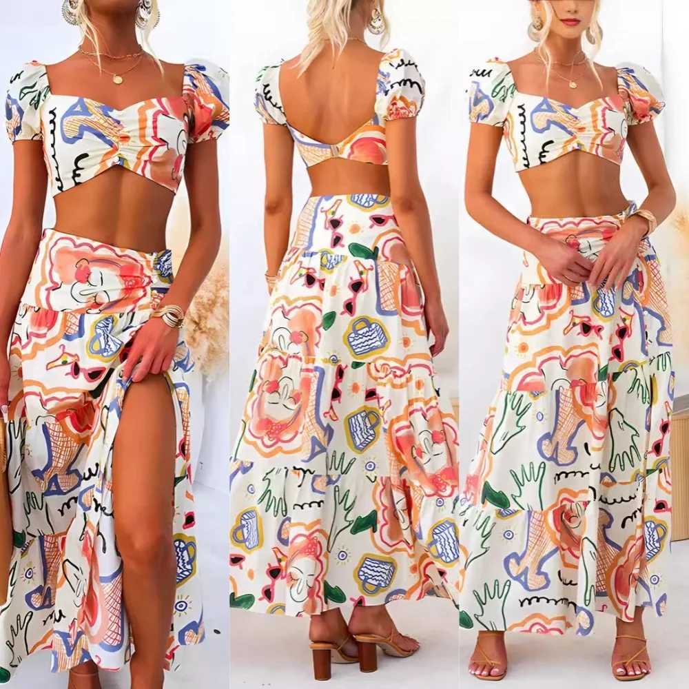 Two Piece Dress Short Top Maxi Skirts Two Pieces Sets Women Summer Loungewear Printing Patchwork Outfit 2025 Fashion Beach Style Ladies Suits Y2503158