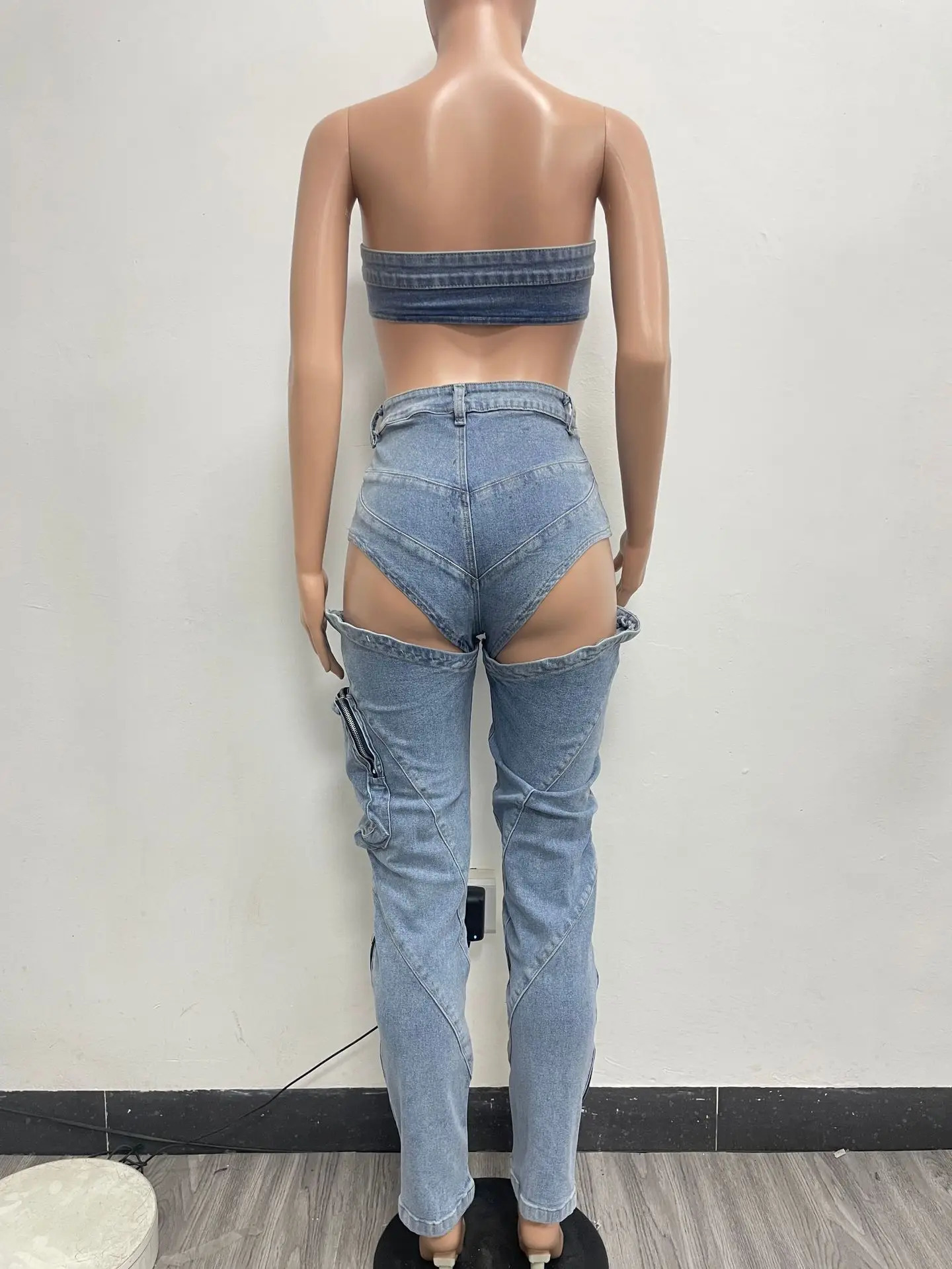 Hollow denim jeans pants set sexy womens elegance two-piece denim club matching set 250314