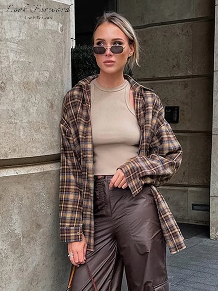 Casual Plaid Shirt Woman Loose Autumn Winter Lapel Buttons Womens Coat Full Sleeve Cozy Vintage Khaki Tops Female Streetwear 250314