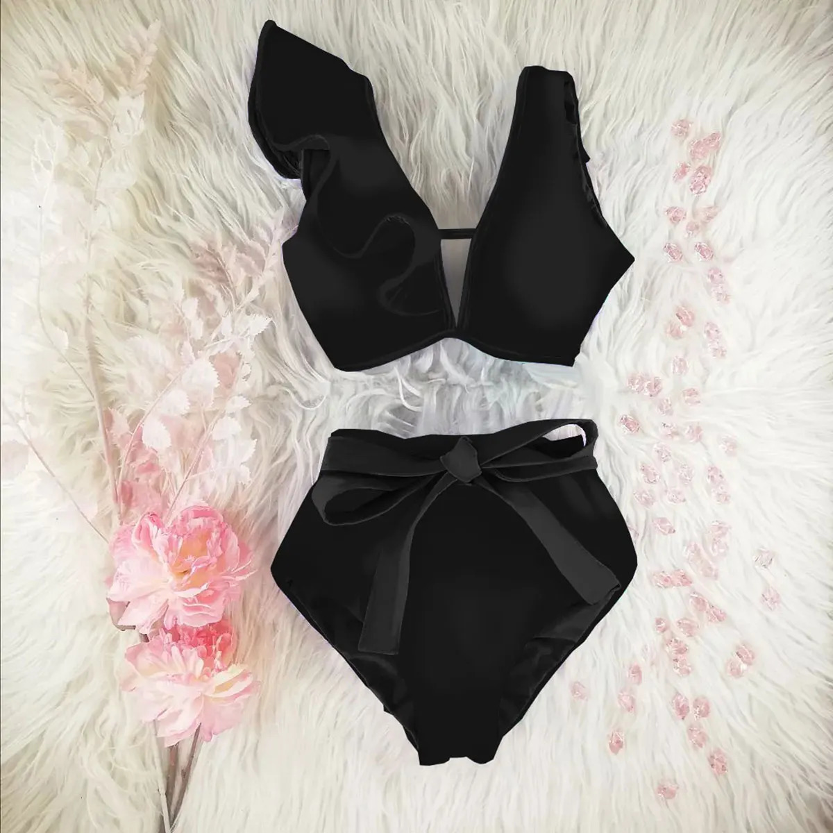 Bikini Floral Ruffle Bikini Set Womens V-neck High Waist Two Piece Swimsuit Womens Beach Swimsuit 250314
