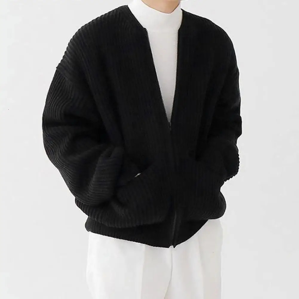 Men Zipper Pocket Cardigan Coat Sweater Mens Collarless Knitted with Placket Pockets for Autumn 250311