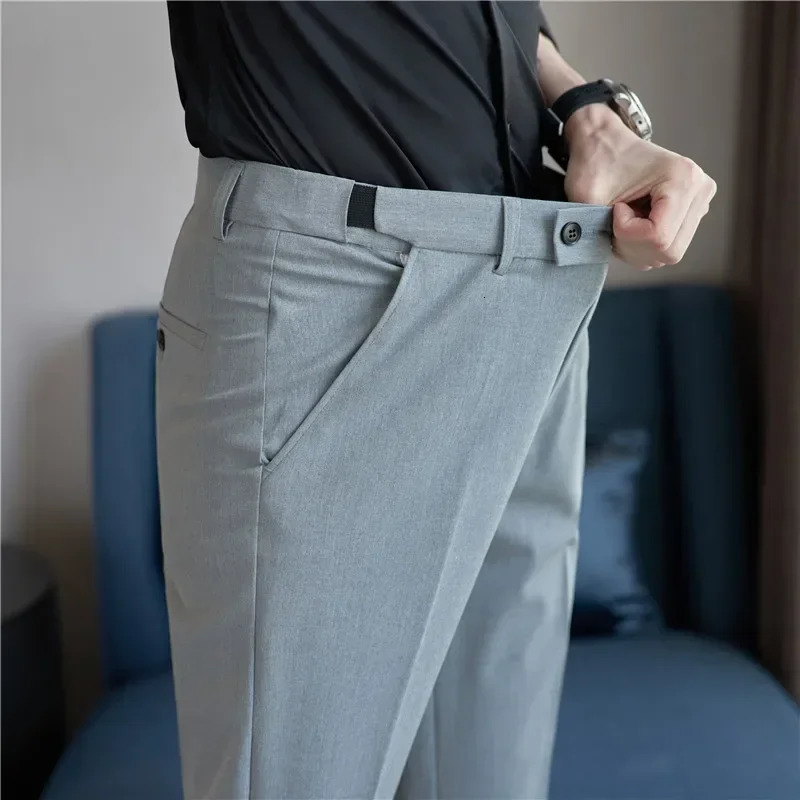 Men Suit Pants Plus Size 40 38 Autumn Solid Elastic Waist Dress Pants Men Slim Business Office Social Ankle Length Trousers 250314
